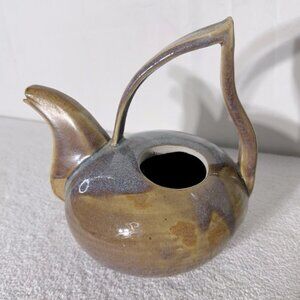Vintage 2002 Handmade Purple Beige Ceramic Pottery Teapot